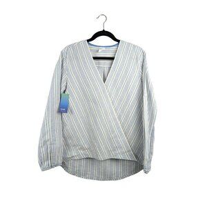 Remade Striped Faux Wrap Tab Sleeve Top Linen Cotton Blend Womens Size S